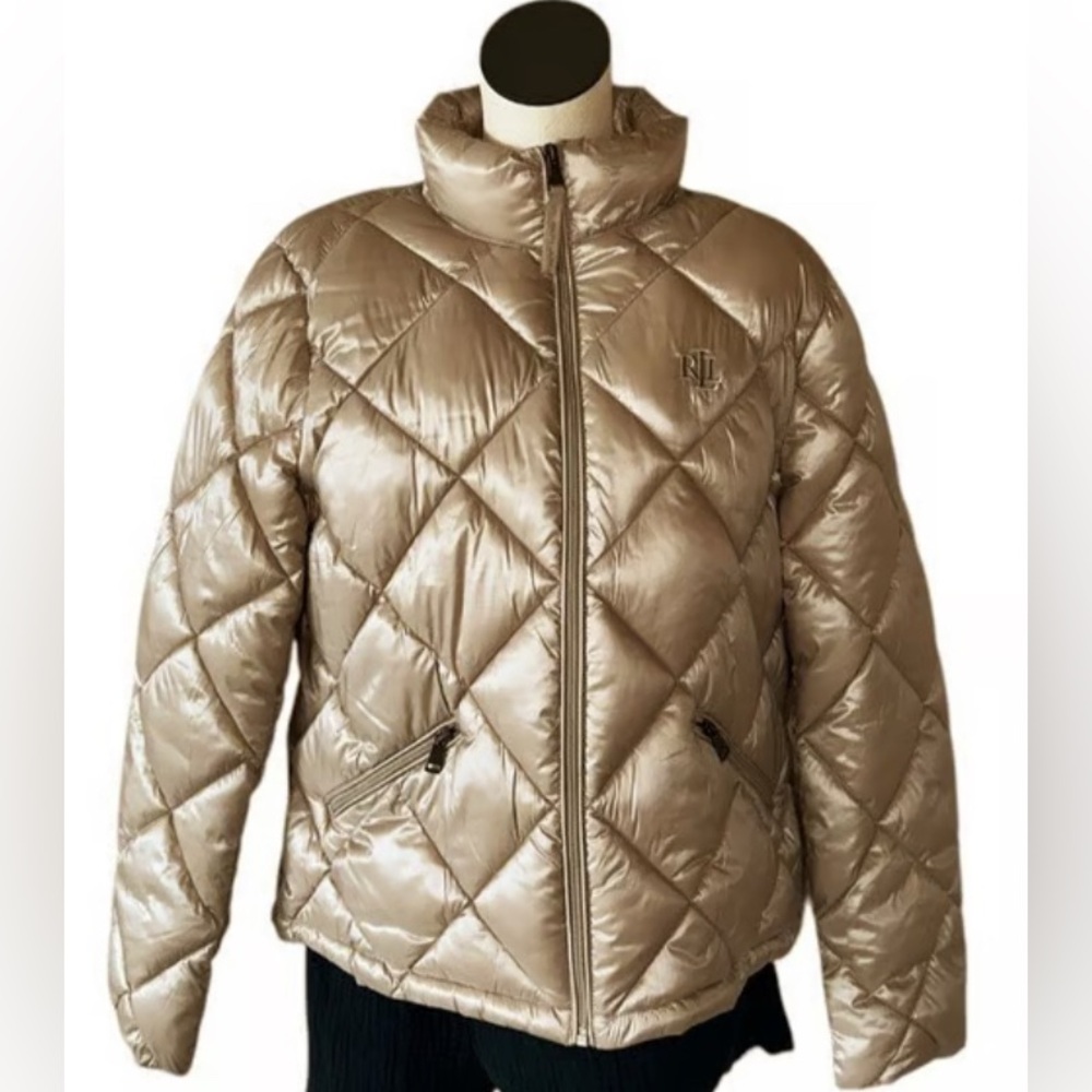 NWT Lauren Ralph Lauren Birch Diamond Quilted Embroidered Puffer Jacket Medium